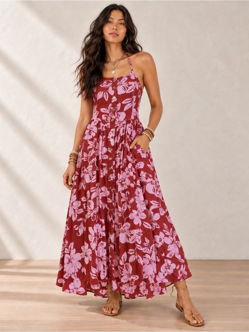 Free People Floral Halter Maxi Dress XL Pink Burgundy Open Back Pockets $168